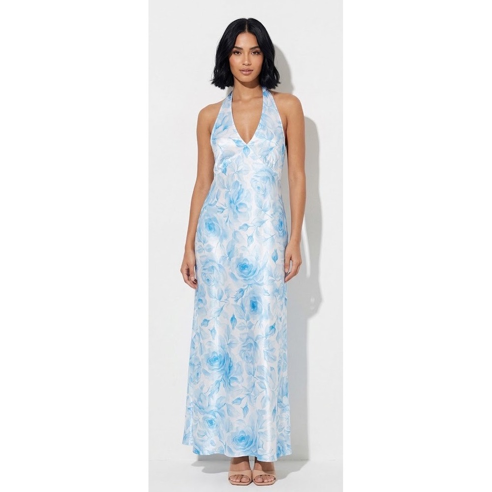 Bebe Vintage Floral Satin Halter Maxi Dress Blue White Rose Cowl Back